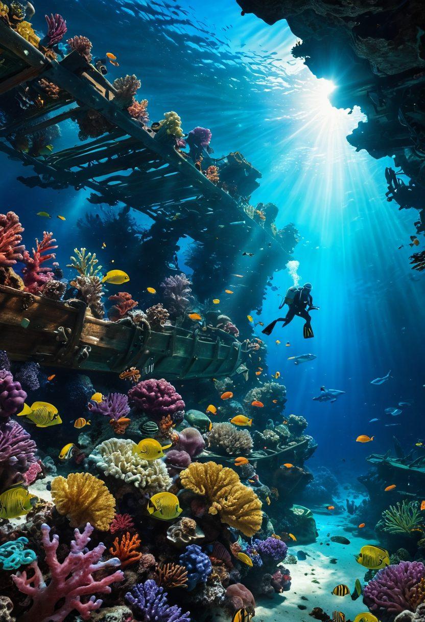 A stunning underwater scene showcasing a diverse marine ecosystem, with vibrant coral reefs and a variety of colorful fish swimming around a cargo shipwreck. Include a diver exploring the wreck, illuminated by beams of sunlight filtering through the water. Capture the essence of adventure and exploration in the maritime world. super-realistic. vibrant colors. 3D.