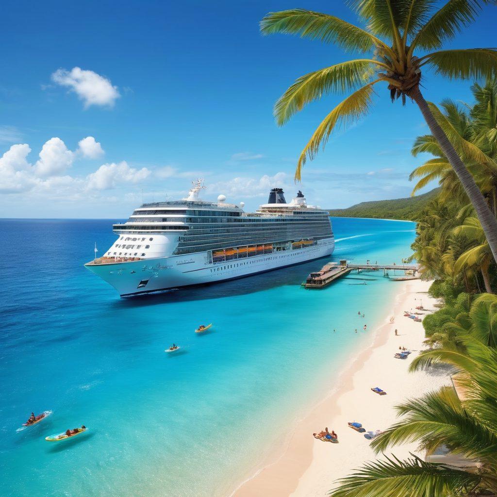 A stunning scene of a luxury cruise ship sailing across crystal-clear blue waters under a bright sunny sky, with joyful people of diverse backgrounds enjoying various activities on deck. In the foreground, an inviting tropical island with palm trees and sandy beaches. The ship's vibrant colors reflect the excitement of the cruise industry and dreams of adventure. super-realistic. vibrant colors. sunny ambiance.