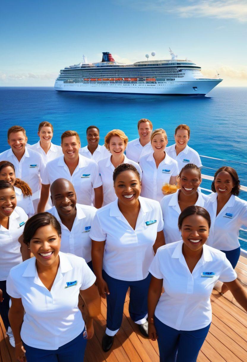 An enthusiastic group of diverse cruise ship employees enjoying a vibrant on-deck celebration, with a stunning azure sea and bright sky in the background. Include elements such as a majestic cruise liner, joyful interactions among crew members, and tropical islands in the distance, symbolizing adventure and joy in their careers. vibrant colors. super-realistic.